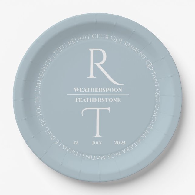 Elegant Simple White Grey Monogram Wedding Paper Plate (Front)