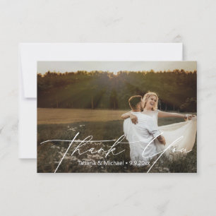 elegant simple white script wedding photo thank you card