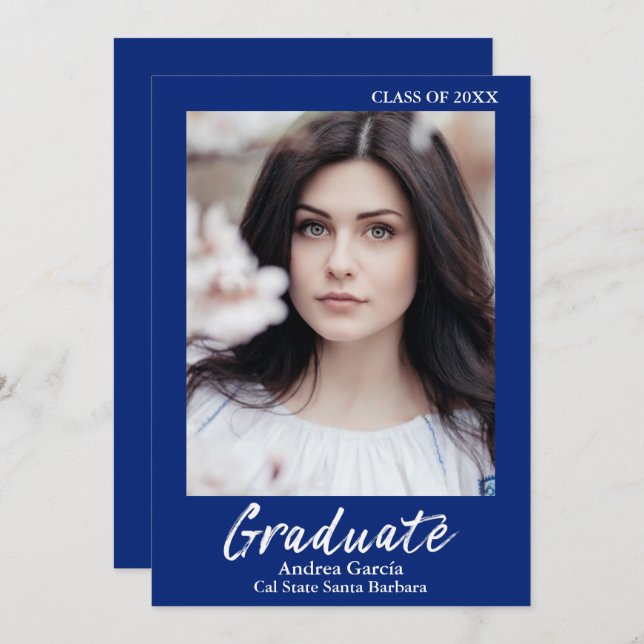 Elegant Simple White Text Blue Graduate Photo Announcement (Front/Back)