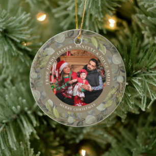 Elegant Simple Wreath 2 Photo Family Christmas Ceramic Tree Decoration