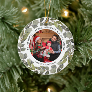 Elegant Simple Wreath 2 Photo Family Christmas Ceramic Tree Decoration