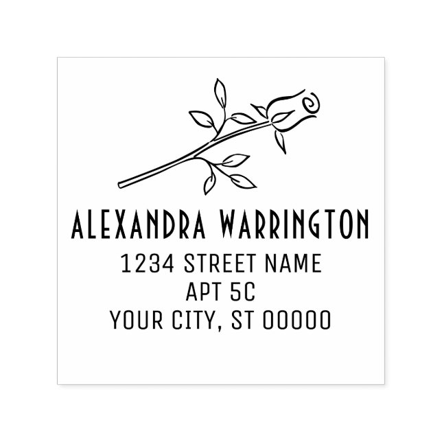 Elegant Single Long Stem Rose Flower Name Address Self-inking Stamp (Design)