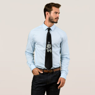 Elegant Single Silver Peony Flower Black Floral Tie