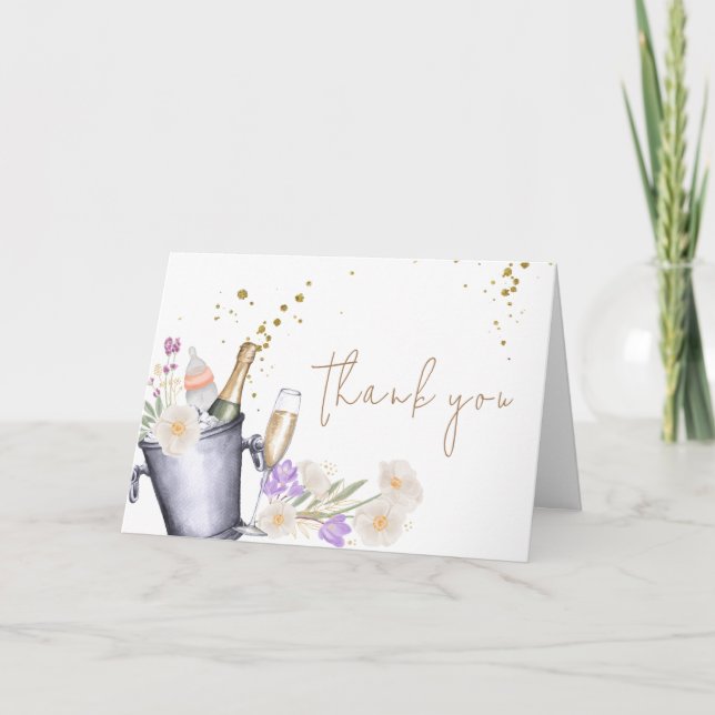Elegant Sip & See Champagne Bottle Baby Shower Thank You Card (Front)