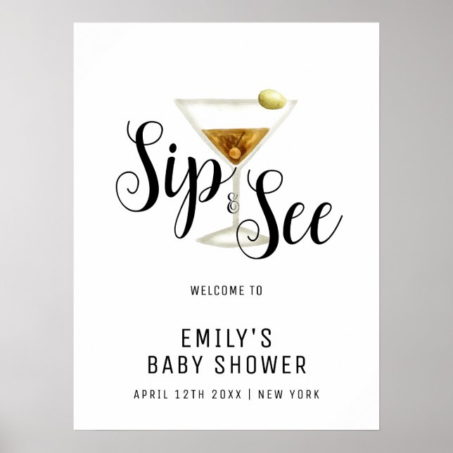 Elegant Sip & See Martini Baby Shower Welcome  Poster (Front)