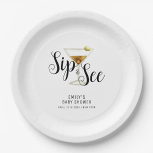Elegant Sip & See Martini Cocktail Baby Shower Paper Plate