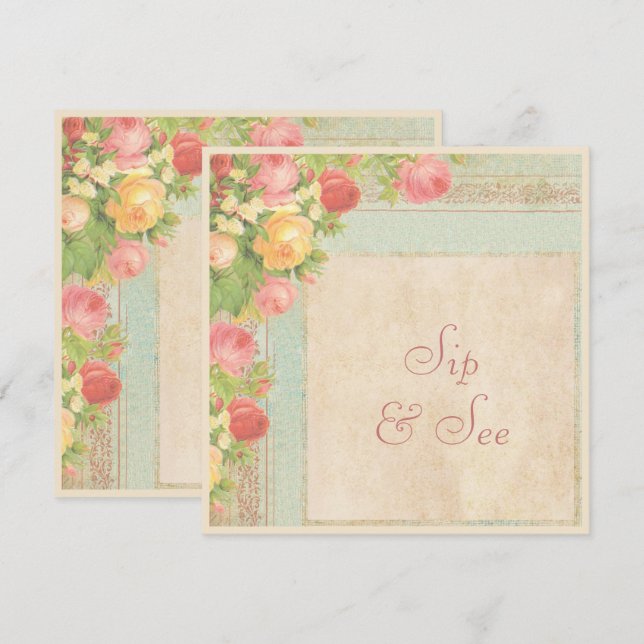 Elegant Sip & See Vintage Roses Invitation (Front/Back)