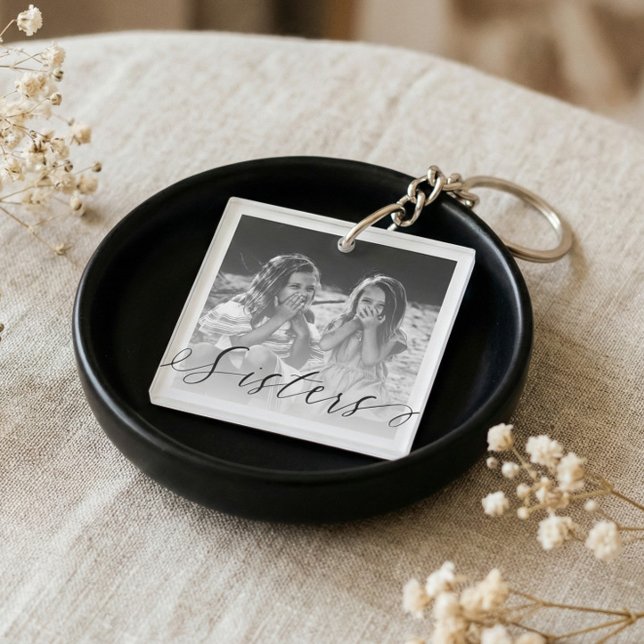 Elegant Sister Script Black & White Sister Photos Key Ring (personalized sister gift, sister photo keychain, custom photo keychain, gift for sister, black and w)