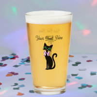 Elegant Sitting black cat big Green Eyes Pink Bow