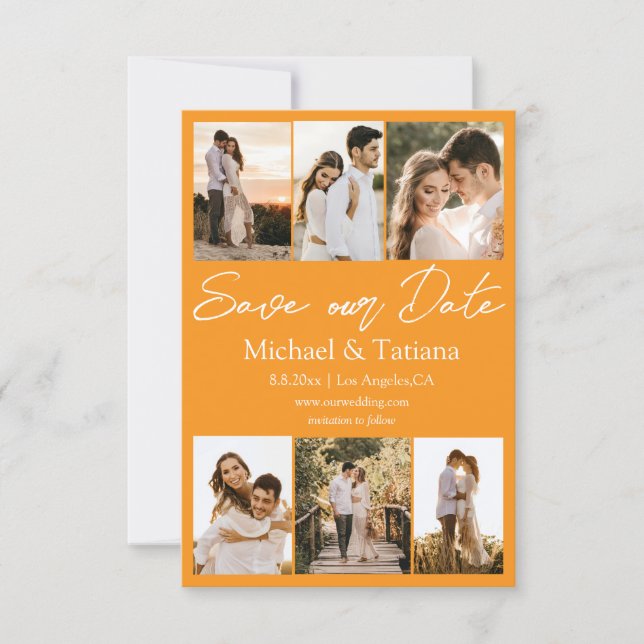 elegant six photos collage modern script orange  save the date (Front)