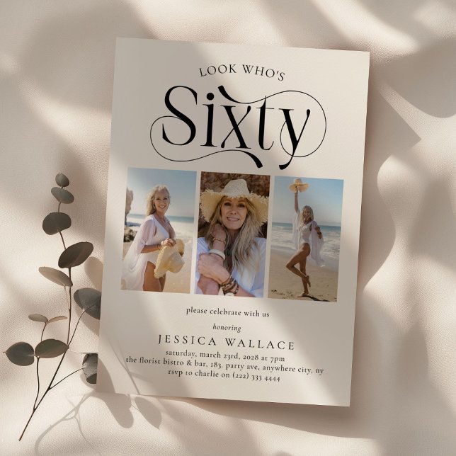 Elegant SIXTY 3 photo collage 60th Birthday Invitation (Creator Uploaded)