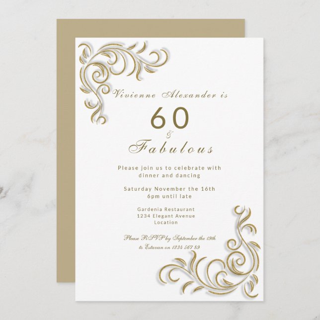 Elegant sixty and fabulous birthday gold scroll invitation (Front/Back)