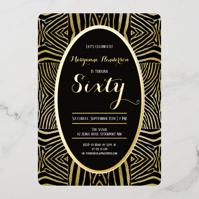 Elegant Sixty black Gold Zebra birthday (Front)