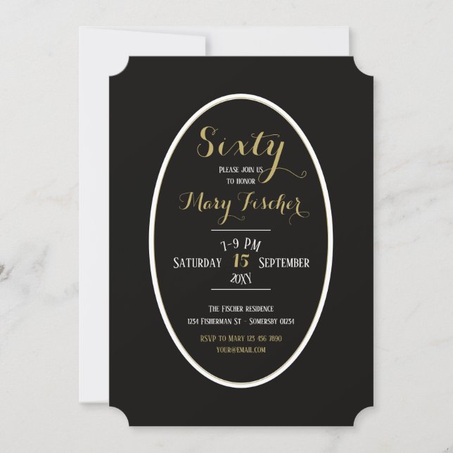Elegant Sixty black Gold Zebra birthday invitation (Front)