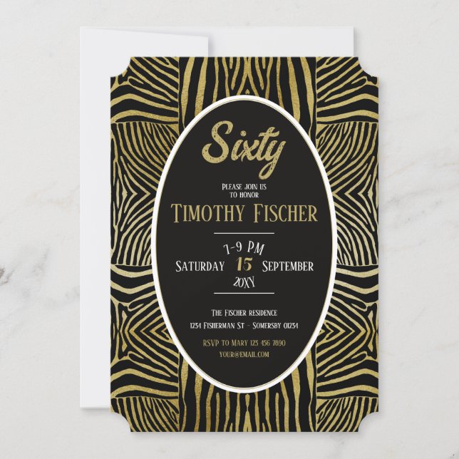 Elegant Sixty black Gold Zebra birthday invitation (Front)