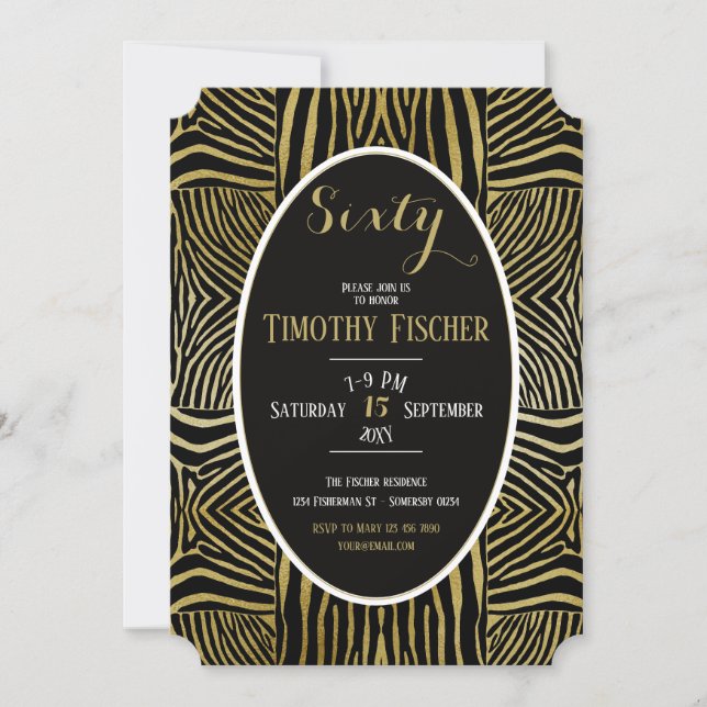 Elegant Sixty black Gold Zebra birthday invitation (Front)