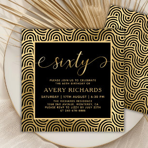 Elegant Sixty Script Black and Gold 60th Birthday Invitation