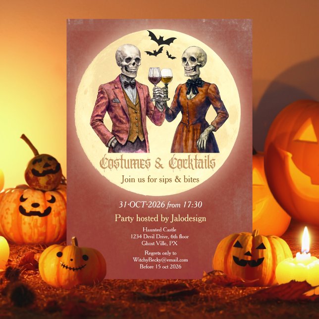 Elegant Skeleton Costume Cocktail Halloween Party Invitation (Creator Uploaded)