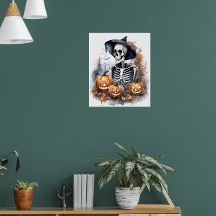 Elegant Skeleton Halloween Watercolor Poster