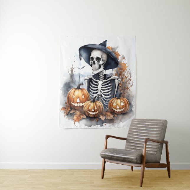 Elegant Skeleton Halloween Watercolor  Tapestry (In Situ)
