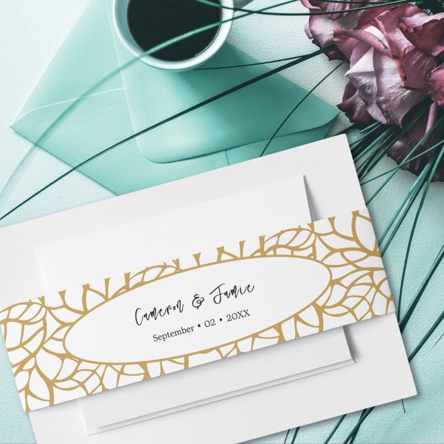 Elegant Skeleton Leaf Pattern Aztec Gold Colour Invitation Belly Band (Elegant Skeleton Leaf Pattern Aztec Gold Color Invitation Belly Band)