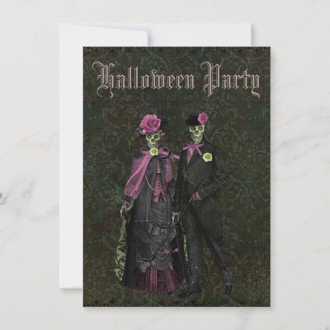 Elegant Skeletons Shabby Chic Damask Halloween Invitation (Front)