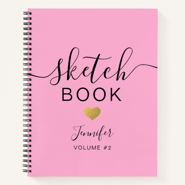 Elegant Sketchbook Heart Name Script Pink Notebook (Front)