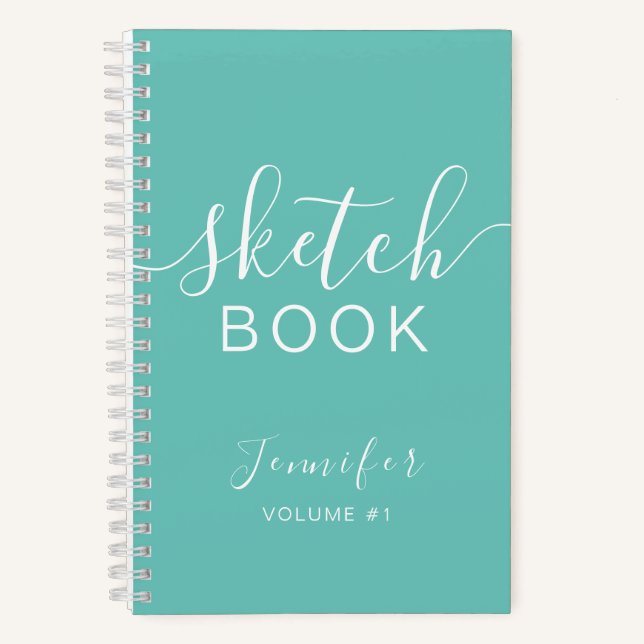Elegant Sketchbook Your Name Script Teal Blue Notebook (Front)