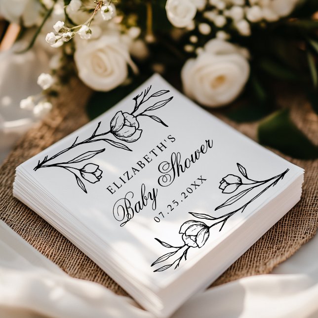 Elegant Sketched Black Floral Baby Shower Napkin (Creator Uploaded)