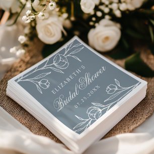 Elegant Sketched Floral Dusty Blue Bridal Shower Napkin