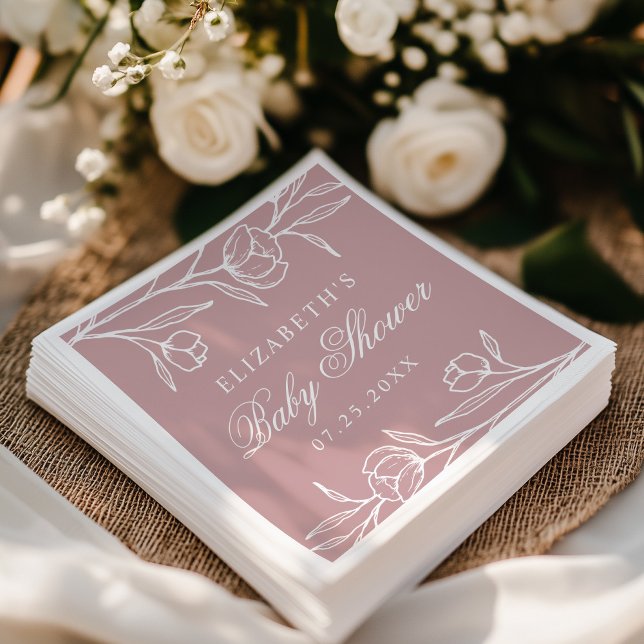 Elegant Sketched Floral Dusty Rose Baby Shower Napkin (Creator Uploaded)