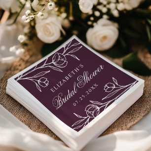Elegant Sketched Floral Purple Bridal Shower Napkin