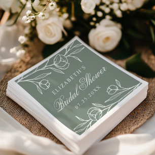 Elegant Sketched Floral Sage Green Bridal Shower Napkin