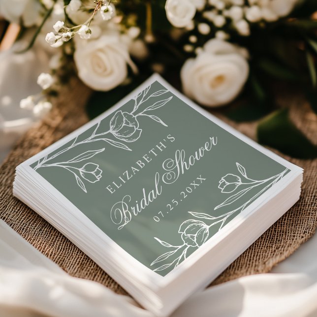 Elegant Sketched Floral Sage Green Bridal Shower Napkin (Creator Uploaded)
