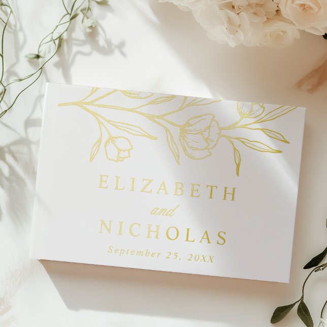 Elegant Sketched Gold Foil Floral Photo Wedding Guest Book (Creator Uploaded)