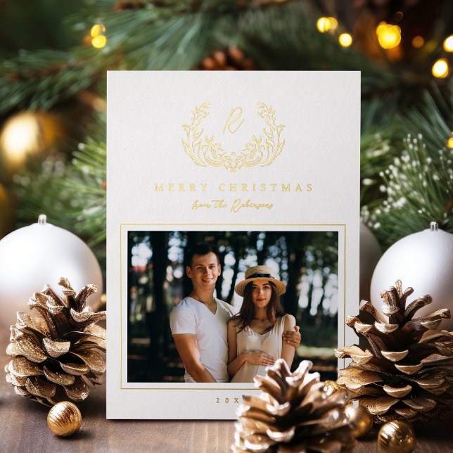 Elegant Sketched Vintage Flourish Monogram Photo (Elegant Sketched Vintage Flourish Monogram Photo Foil Holiday Card)