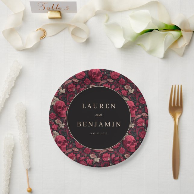 Elegant Skull and Floral Wedding Invitation Paper Plate (Wedding)