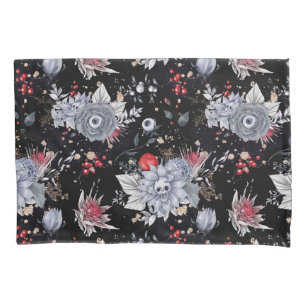 Elegant Skull Roses Silver Black  Pillowcase