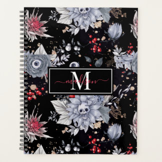 Elegant Skull Roses Silver Black Planner