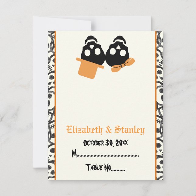 Elegant skulls Halloween orange wedding place card (Front)