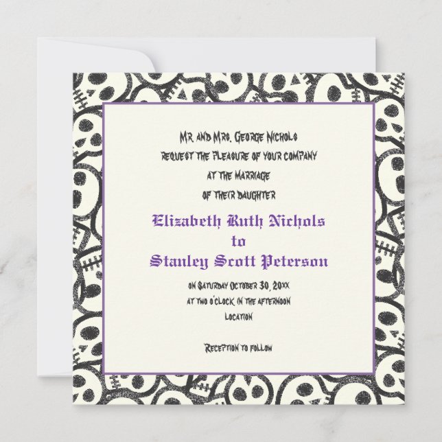 Elegant skulls Halloween purple wedding invitation (Front)