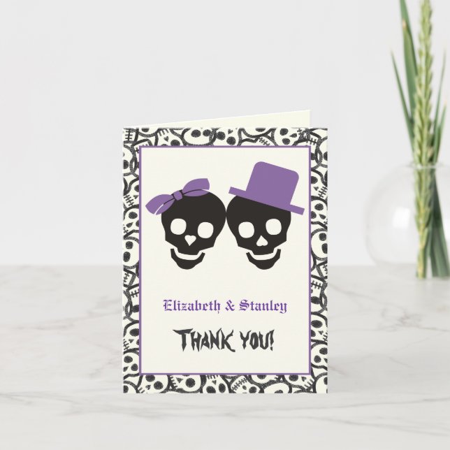 Elegant skulls Halloween purple wedding Thank You Card (Front)