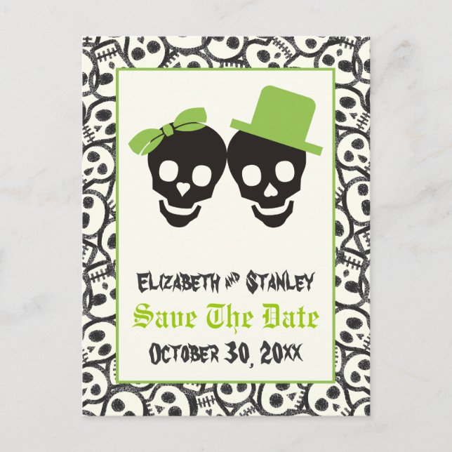 Elegant skulls Halloween wedding Save the Date Announcement Postcard (Front)