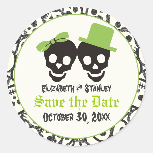 Elegant skulls Halloween wedding Save the Date Classic Round Sticker (Front)