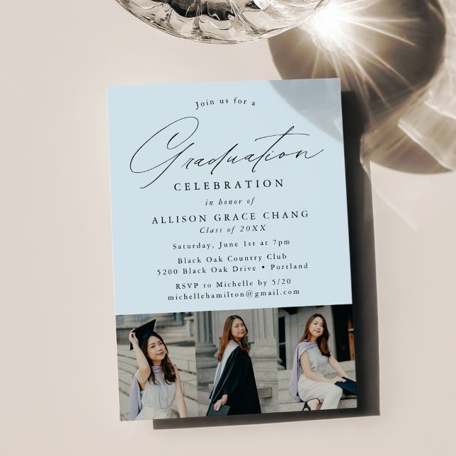 Elegant Sky Blue 3 Photo Graduation Party Invitation (Creator Uploaded)