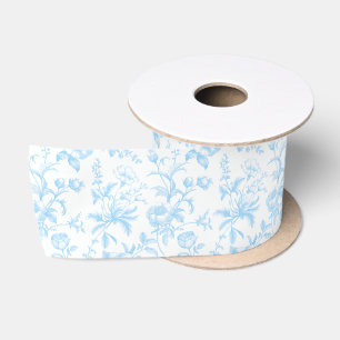 Elegant Sky Blue Grandmillennial Toile Floral Satin Ribbon