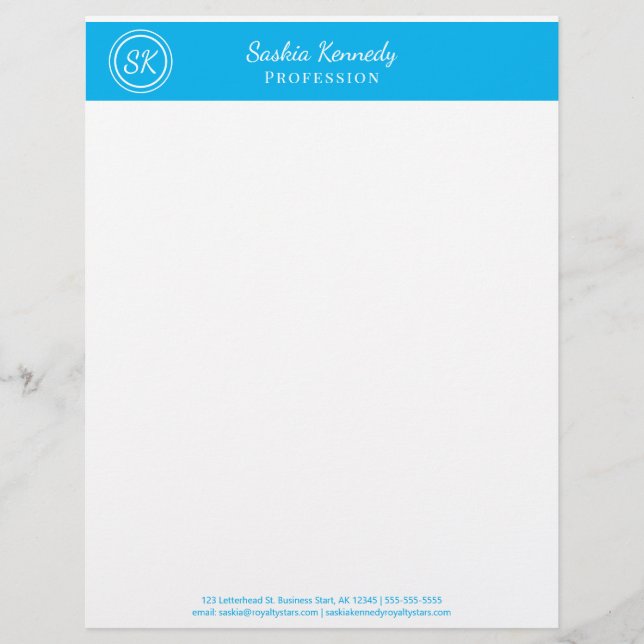 Elegant Sky Blue Professional Monogram Business Custom Letterhead (Front)