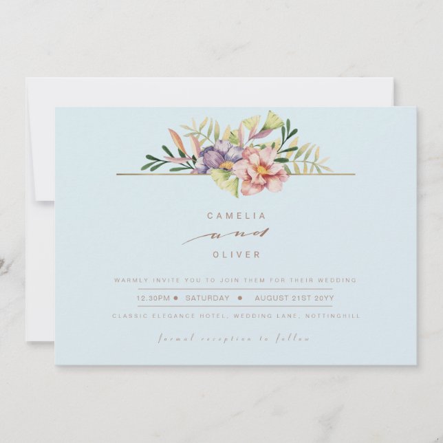 Elegant Sky Blue Summer Floral Wedding Invite QR (Front)