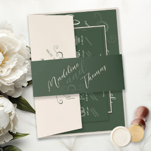 Elegant Slant Script Dark Green Monogram Wedding Invitation Belly Band