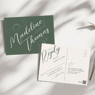 Elegant Slant Script Dark Moss Green RSVP Wedding Postcard